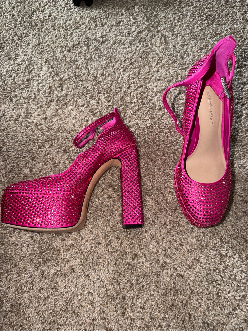 ANTONIO MELANI Hot Pink Crystal Platform Pumps with Ankle Strap